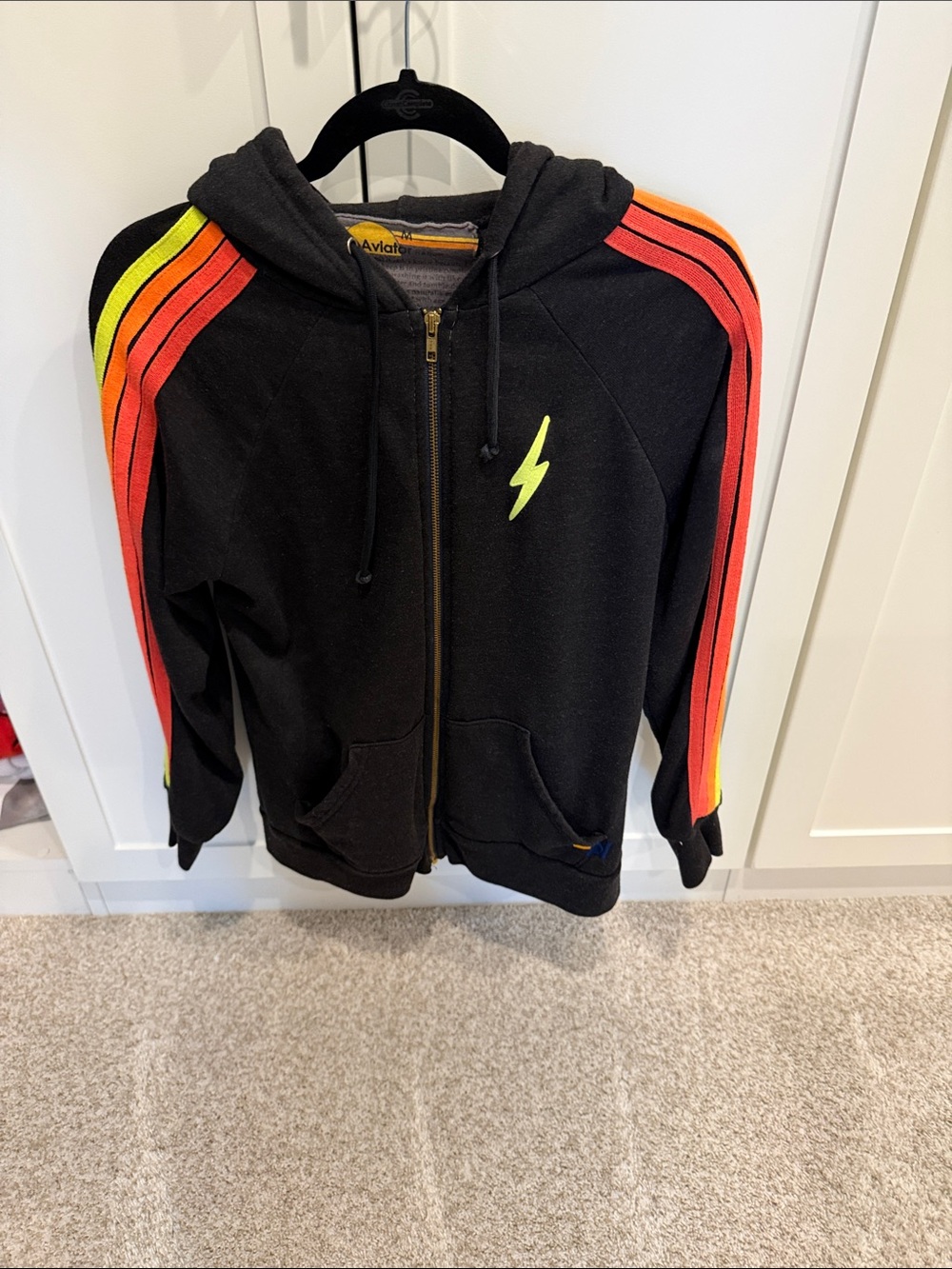Aviator Nation heathered black zip up hoodie with neon accents size M.